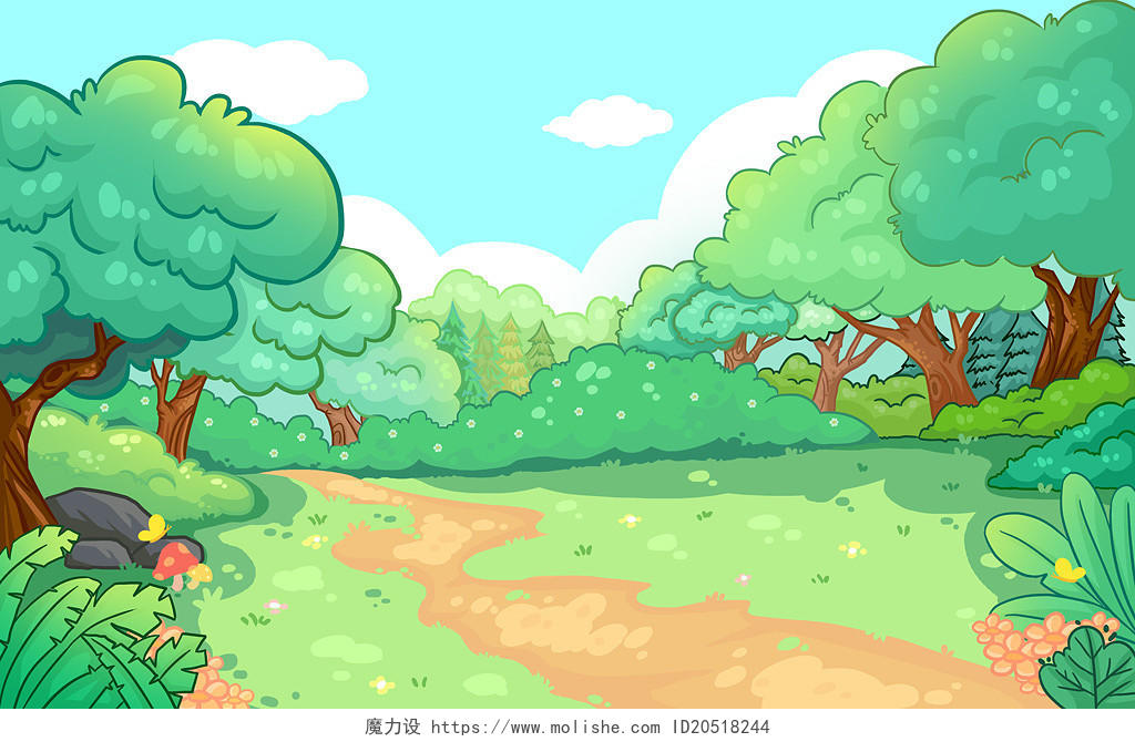 森林绿色户外卡通插画背景素材涂鸦清新绿地大树树木风景花草森林插画